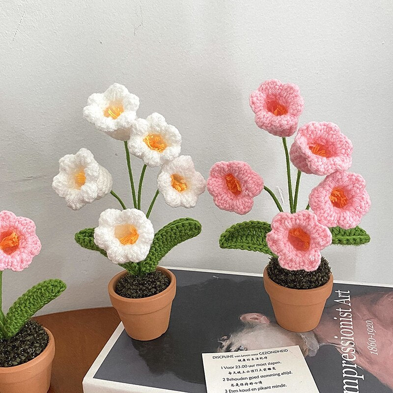 Hand-Woven Potted Knit Flowers