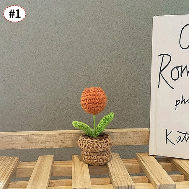 Hand-Woven Potted Knit Flowers