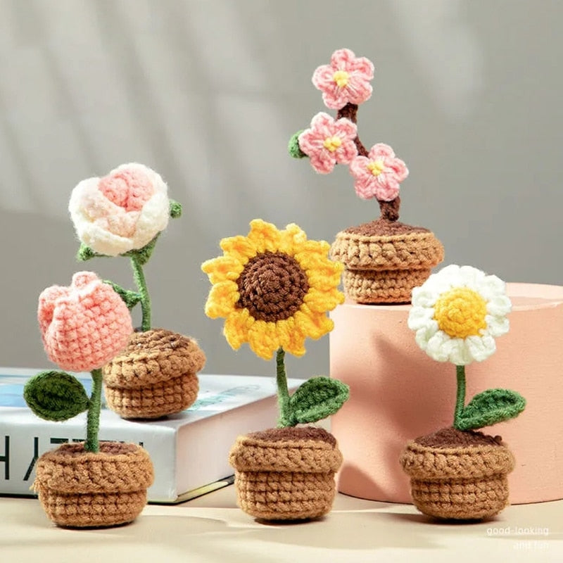 Hand-Woven Potted Knit Flowers