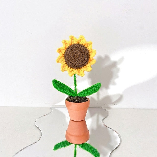 Hand-Woven Potted Knit Flowers