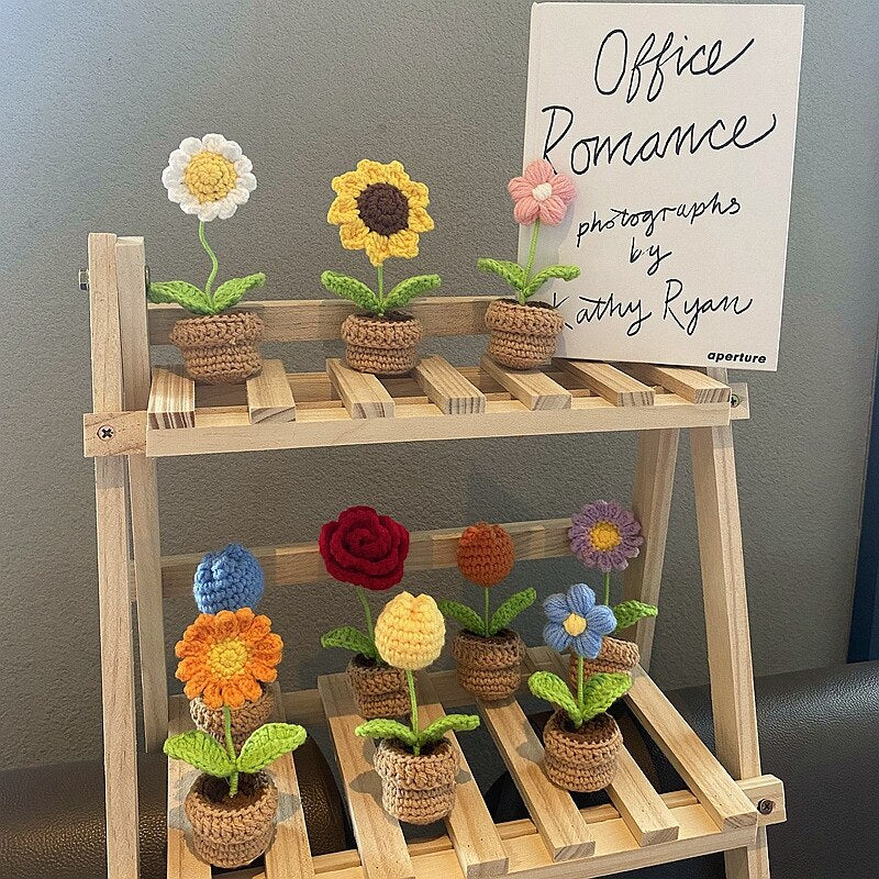 Hand-Woven Potted Knit Flowers